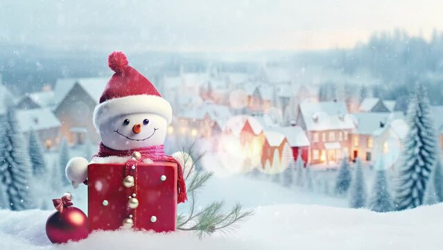 Christmas concept decorations with a gift box and snowman surrounded by snowfall in village view. Cartoon style. seamless looping time lapse video 4k animation background.