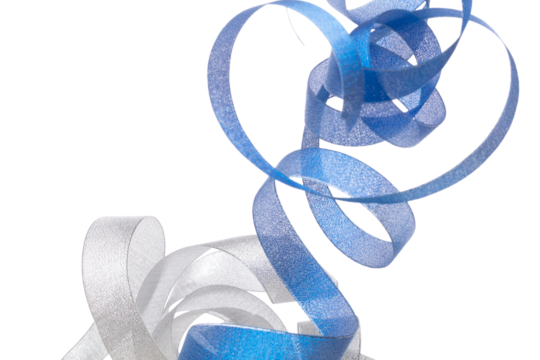 Colorful ribbon long straight fly in air with curve roll shiny. Blue silver gold black ribbon for present gift birthday party to wrap around decorate, blow fly in wind. White background isolated
