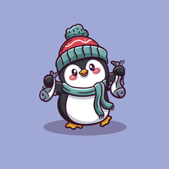 Cute penguin holding fish cartoon vector