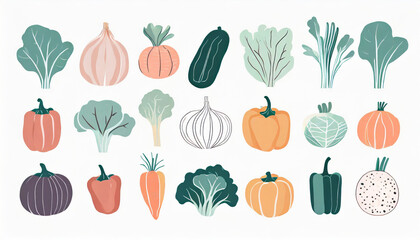 Vegetables Clipart collection in flat hand drawn style, illustrations set. Vegetables  and graphic design elements. Ingredients color cliparts. Sketch style smoothie and ingredients