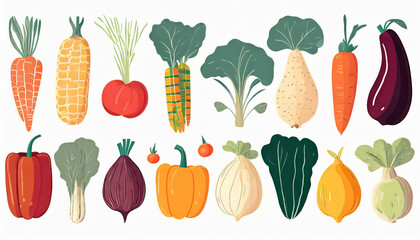 Vegetables Clipart collection in flat hand drawn style, illustrations set. Vegetables  and graphic design elements. Ingredients color cliparts. Sketch style smoothie and ingredients
