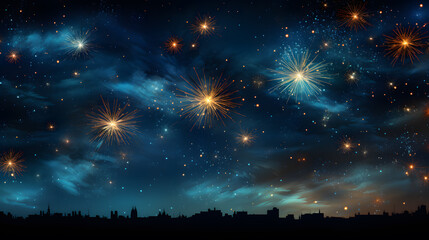  New Year's Eve fireworks on rustic dark blue night sky texture - obrazy, fototapety, plakaty