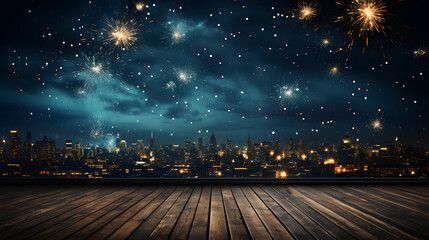  New Year's Eve fireworks on rustic dark blue night sky texture