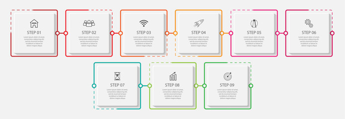 simple infographic design with thin lines, 9 interconnected square sections. for flow diagrams, workflows and presentations of your business