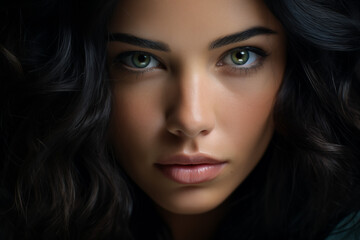 Studio close-up portrait of a female model with black hair and green eyes, perfect skin, image for cosmetics and medical products advertising