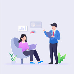 Business meeting. Flat people on presentation conference. Businessman at project strategy infographic. Team seminar vector concept