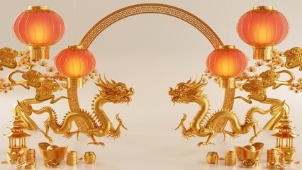 3d rendering illustration for happy chinese new year 2024 the dragon zodiac sign with flower, lantern, asian elements, red and gold on background. ( Translation :  year of the dragon 2024 ) - obrazy, fototapety, plakaty