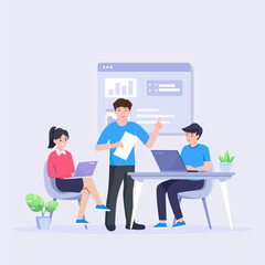 Business meeting. Flat people on presentation conference. Businessman at project strategy infographic. Team seminar vector concept