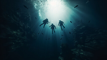 Fototapeta na wymiar Three divers are diving in the deep sea with sunlight in the background.