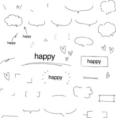 シンプルなモノクロの手書き風のふきだしやあしらいのフレームセット