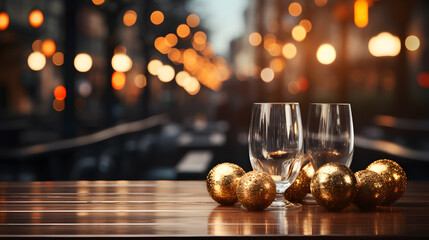 wooden table, christmas decorations with defocused bar or restaurant background with golden bokeh