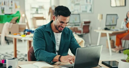 Fashion designer, winning and laptop for success in logistics, startup business goals and e commerce sales or profit. Man or happy people applause, praise or yes for news on computer and online shop