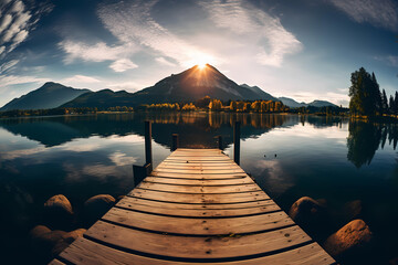 Dock on a lake with mountains and hills