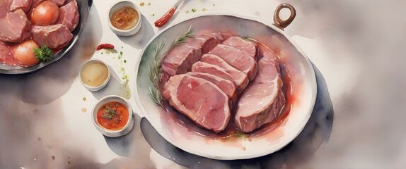 肉料理、ステーキ、水彩画、背景｜Meat dishes, steak, watercolor, background. Generative AI - obrazy, fototapety, plakaty