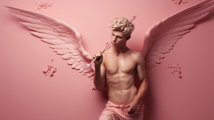 cupid flying overhead shooting his arrow on pink background.