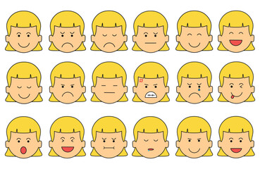 kids drawing A collection of adorable facial girl expressions flat cartoon isolated set