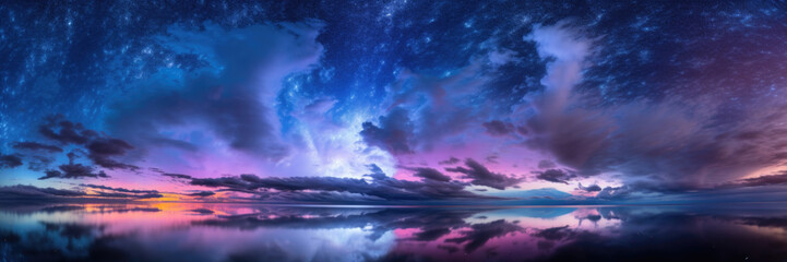 Blue and purple northern lights over an ocean poster with copy space. - obrazy, fototapety, plakaty