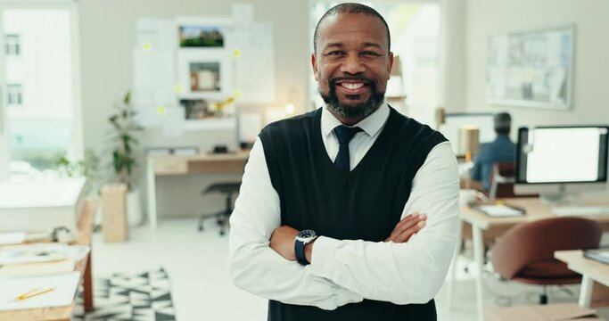 Face, mature business man and smile with arms crossed in office for management, leadership and pride in agency. Portrait of happy african manager, entrepreneur and boss with confidence in company