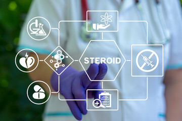 Doctor using virtual touch screen presses word: STEROID. Stop Steroid Medical concept. No Steroids. Use of hormone restricted. Steroid hormones mechanism of action. - obrazy, fototapety, plakaty