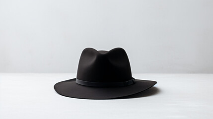 a black hat sitting on top of a white table