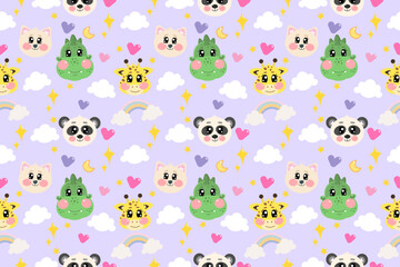 Kawaii purple soft pastel seamless pattern with cute animals: panda, cat, giraffe, dinosaur for children's nursery