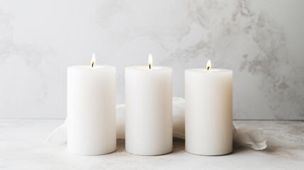 Fototapeta na wymiar three white candles are sitting on a table
