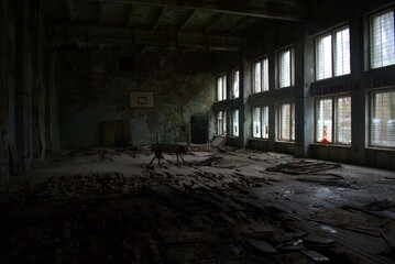 abandoned gym in radioactive city Pripyat near chernobyl nuclear plant ukraine