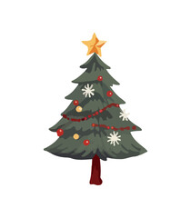 Vector illustration of decorated Christmas tree in snow on white background. Green fluffy xmas pine, isolated on white background. Cute Christmas tree in cartoon watercolor style.