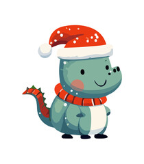Vector cute Christmas dragon. Symbol of the New Year. Dinosaur illustration in watercolor style isolated on white background.