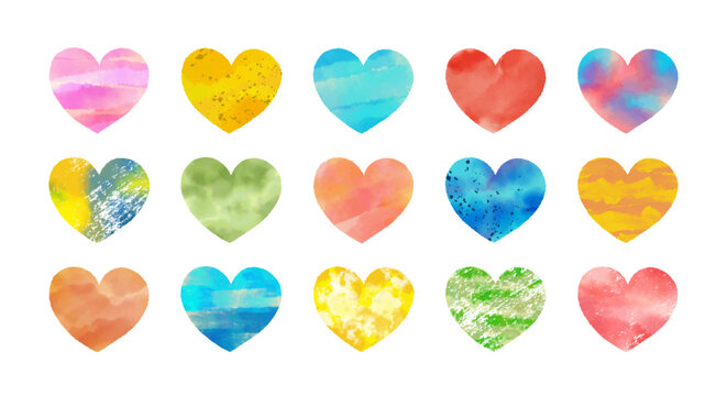 Collection of hand painted watercolor hearts.