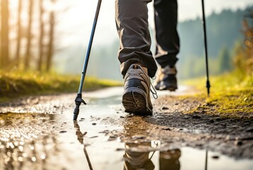 Active Man practicing nordic walking with poles outdoor. Summer nature leisure activity sport. Generate Ai