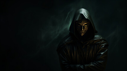 Masked figure on dark background.