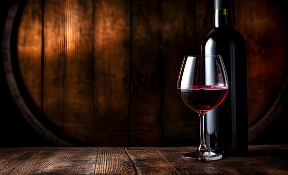 Red wine bottle and wine glass on wooden barrel macro lens.