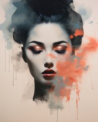 Expressive Geisha Art: Sideways Glance Amidst Colorful Smoke - Fine Minimalistic Portrait. Generative AI