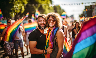 Beautiful smiling gay couple at pride parade. Rainbow flag in the background.