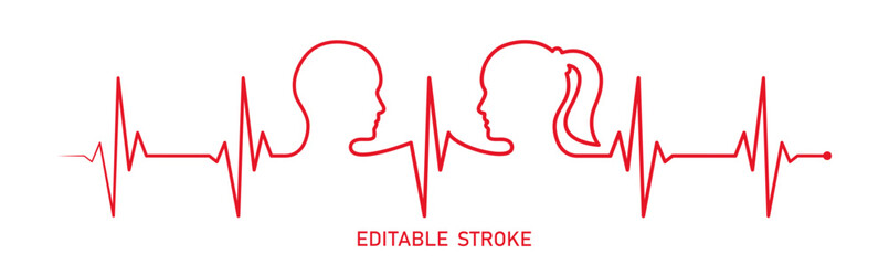 Editable red line love couple, man, woman head, line art vector. Heart rhythm ekg vector design to use in love, healthy lifestyle, emotion, romance concept illustration projects.
