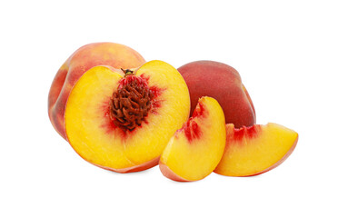 Whole and cut delicious peaches isolated on white