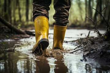 Durable Boots rubber in flooded house. After big rain. Generate Ai