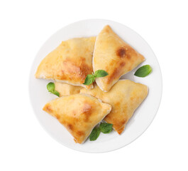 Delicious samosas and basil isolated on white, top view