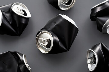 Crumpled aluminum soda cans still life.