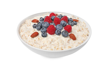 Tasty boiled oatmeal with berries and almonds in bowl isolated on white