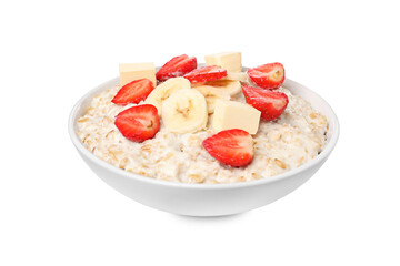Tasty boiled oatmeal with banana, strawberries and butter in bowl isolated on white