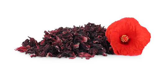 Pile of dry hibiscus tea and beautiful flower isolated on white © New Africa