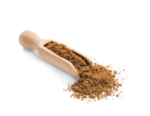 Wooden scoop of aromatic caraway (Persian cumin) powder isolated on white