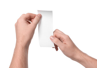 Man holding piece of blank thermal paper for receipt on white background, closeup
