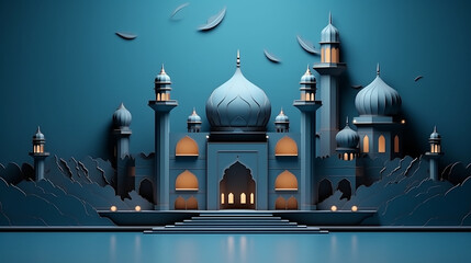 ramadan mubarak typography concept in paper cut style with a mosque - obrazy, fototapety, plakaty
