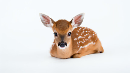 a small fawn laying down on a white surface