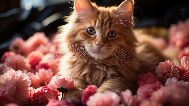 cute cat lying on red rose petals
