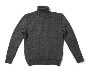 Stylish dark grey sweater isolated on white, top view