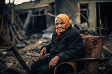 Sad elderly woman sitting next to the ruined house by bomb